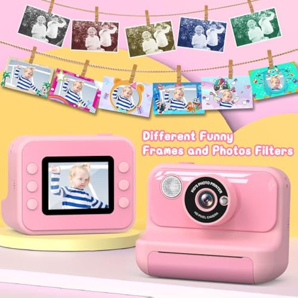 Hangrui Kids Camera Instant Print, 2.4'' Instant Camera for Kids, 1080P Children Cameras with 32GB Card & 3 Rolls Photo Paper, Christmas Birthday Gifts Toys for Girls & Boys Aged 3-12 -Pink