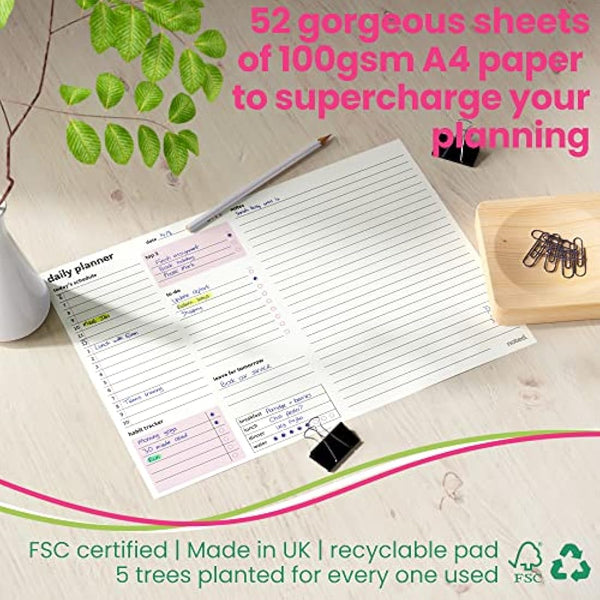 A4 Daily Planner Pad – 52 sheets - Organiser with Daily Schedule, Large Notes Area, To Do List Daily Planning, Habit Tracker – Tear Off Desk Pads for Work, Business, Home or Exam Study Revision