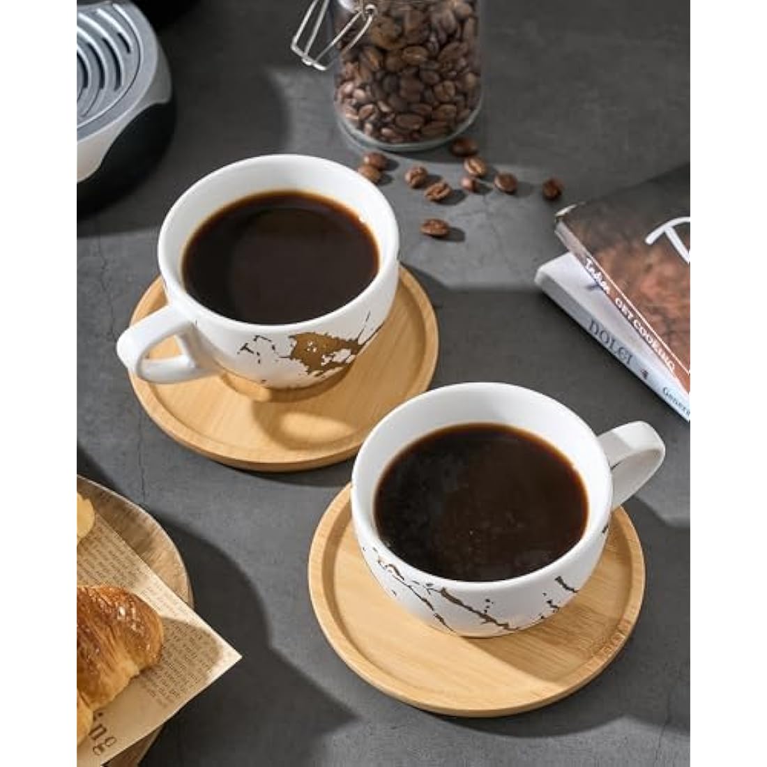 HOME DECOR Ceramic Cappuccino Cups Set of 4, 220ml Stackable Cappuccino Mugs and Saucer with Metal Stand for Coffee Lover, Cappuccino, Latte, Americano and Tea -White Golden