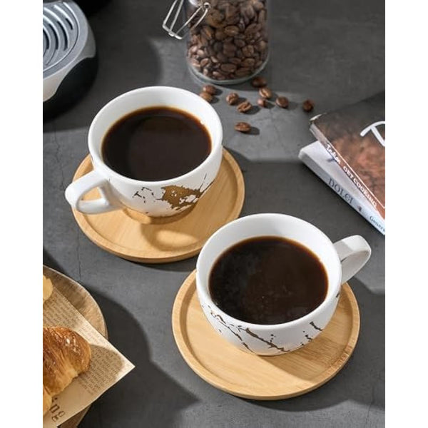 HOME DECOR Ceramic Cappuccino Cups Set of 4, 220ml Stackable Cappuccino Mugs and Saucer with Metal Stand for Coffee Lover, Cappuccino, Latte, Americano and Tea -White Golden