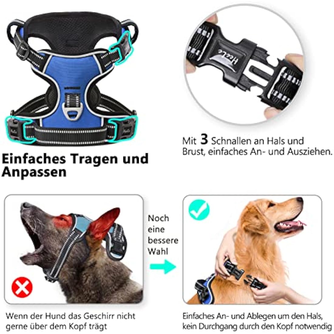 HEELE Dog Harness, No Pull Dog Harness Large, Release on Neck, Reflective Adjustable Dog Harness with Front Back 2 Leash Attachments and Soft Padded Control Handle for Dogs Walking Training, Blue, L