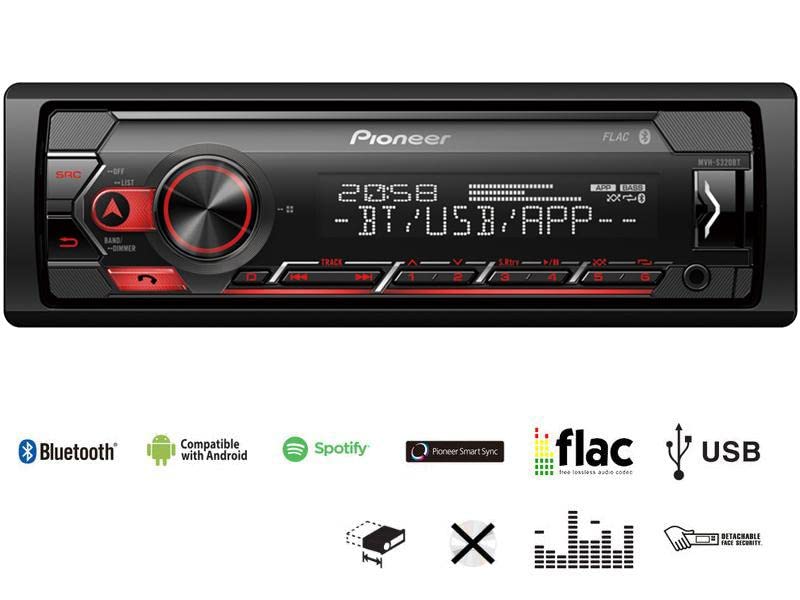 Pioneer MVH-S320BT 1-DIN receiver with Bluetooth, Red illumination, USB, Spotify, Pioneer Smart Sync App and compatible with Android devices.