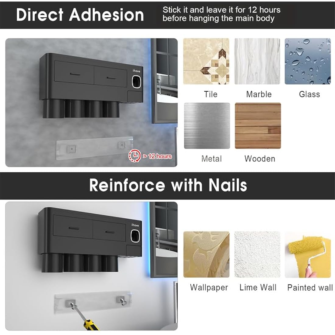 ihave Toothbrush Holders Bathroom Storage, 4 Cups Toothbrush Holder Wall Mounted with Toothpaste Dispenser, Large Capacity Tooth Brush Holder Bathroom Storage & Organisation