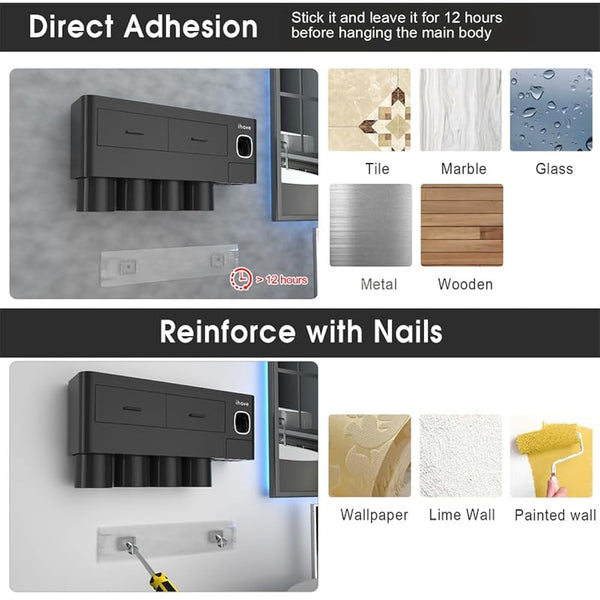 ihave Toothbrush Holders Bathroom Storage, 4 Cups Toothbrush Holder Wall Mounted with Toothpaste Dispenser, Large Capacity Tooth Brush Holder Bathroom Storage & Organisation