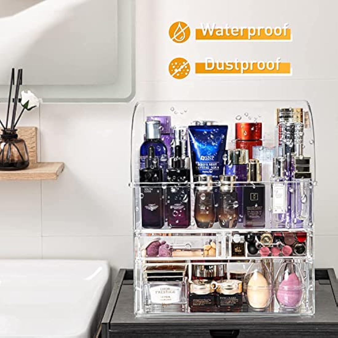 Suyoo Makeup Organiser Storage, X-Large Acrylic Clear Cosmetics Storage Display Case with Drawers, Perfume Makeup Organiser Box with Waterproof Cover for Counter, Bathroom, Dresser(Clear-XL)