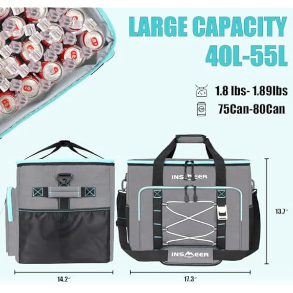 INSMEER Large Cooler Bag, 55L / 90 Cans Insulated Leakproof Cool Bag, Collapsible XXL Large Capacity Picnic Bag with Bottle Opener, for Camping, Beach, Shopping, Picnic, Outdoor