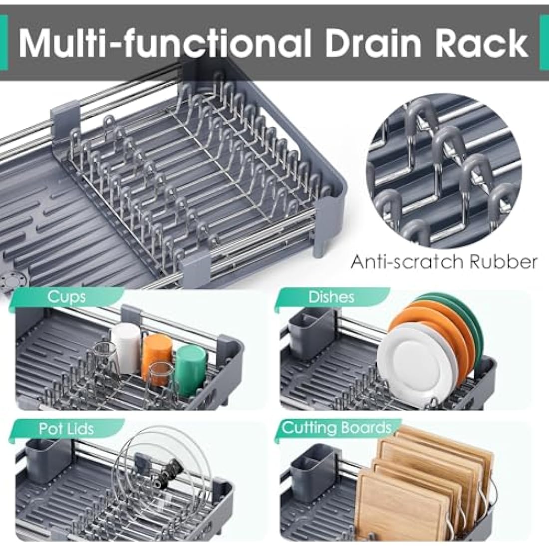 KINGRACK Extendable Dish Drainer Rack, Stainless Steel, Foldable Dish Rack with Removable Cutlery Holder and Anti-Scratch Holder, Adjustable Draining Board Rack with Drainage Spout, Gray