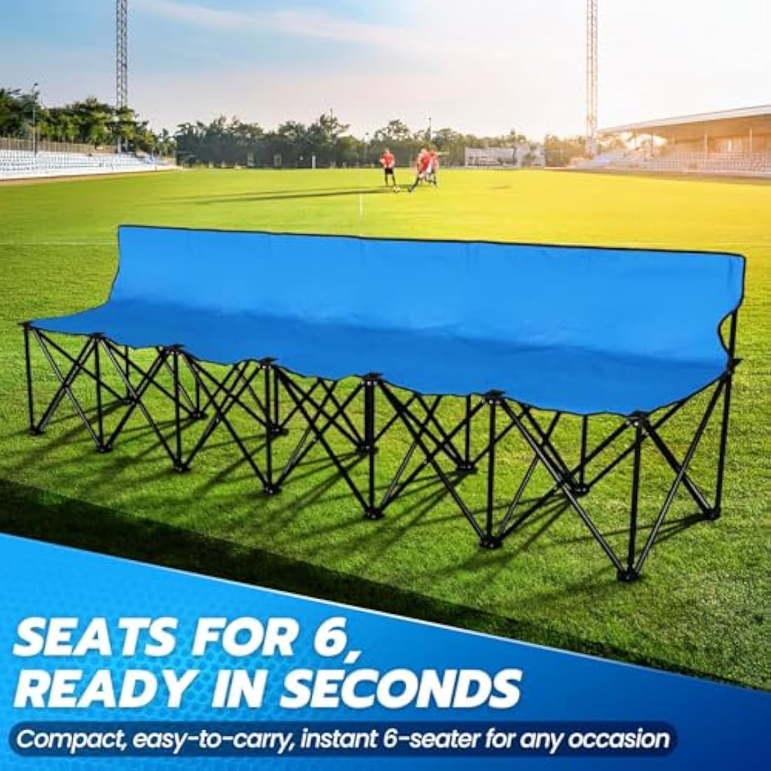 Flexzion Portable Folding Bench Seat, 6 Seater, Collapsible Soccer Bench, Portable Bench Seats for Bleachers, Camping, Sideline, with Back Rest and Carrying Bag, Blue