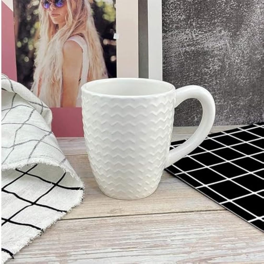 Hoikwo 12oz / 380ml Coffee Mugs Set of 6, White Bone China Mugs with Relief Pattern for Coffee, Tea, Latte, Milk, Cocoa, Juice and Other Hot Drinks