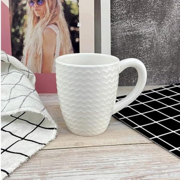 Hoikwo 12oz / 380ml Coffee Mugs Set of 6, White Bone China Mugs with Relief Pattern for Coffee, Tea, Latte, Milk, Cocoa, Juice and Other Hot Drinks