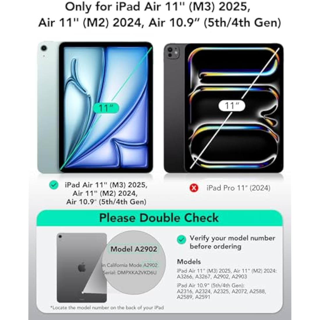 ESR for iPad Air 11 Inch Case (M3, 2025/M2, 2024), iPad Air 6th/5th/4th Generation Case, Removable Magnetic Cover, Adjustable Portrait/Landscape Stand with Raised Screen View, 9 Standing Angles, Black