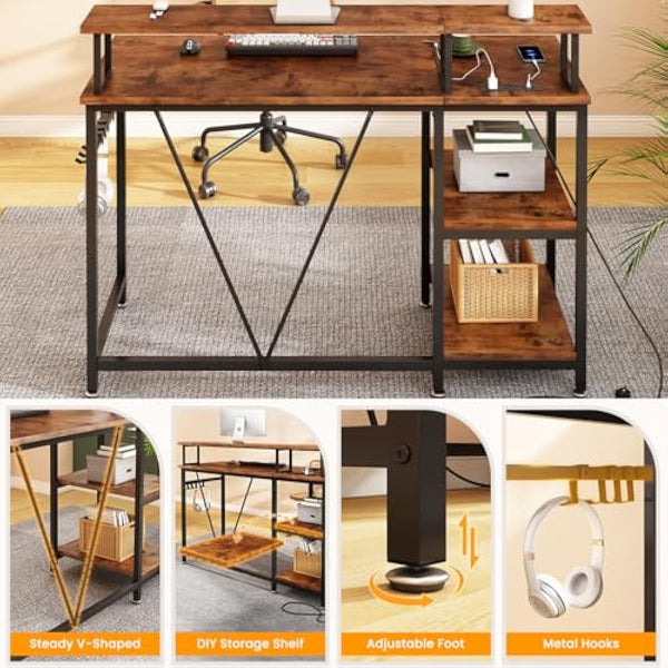 Dripex Computer Desk with Power Outlet, 107.5cm Reversible Desk with Long Monitor Stand, Storage Shelves, Hooks, Work Writing Gaming Table for Home Office