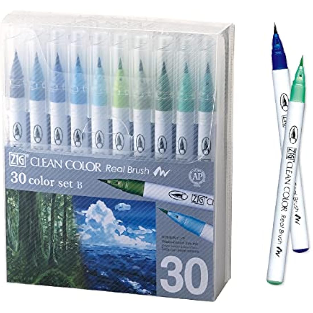 Kuretake ZIG CLEAN COLOR REAL BRUSH 30 COLOUR SET B with Flexible Brush Tips, Watercolor Pens for Painting, Drawing, Calligraphy, Made in Japan, RB-6000AT/30VB
