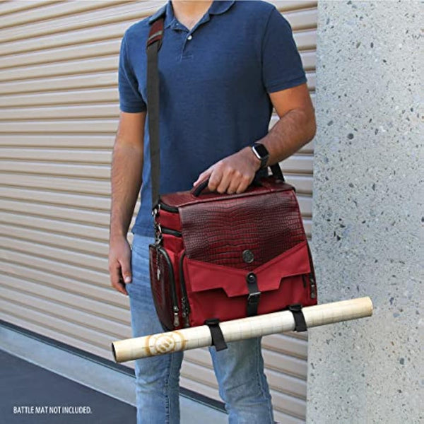 ENHANCE Collector's Edition RPG Adventurer's DND Bag - Dragon Hide Exterior Travel RPG Bag with Tabletop Miniatures Storage Vault, Mat Holder, DND Dice & Token Pockets, Fits 4-8 Books (Dragon Red)