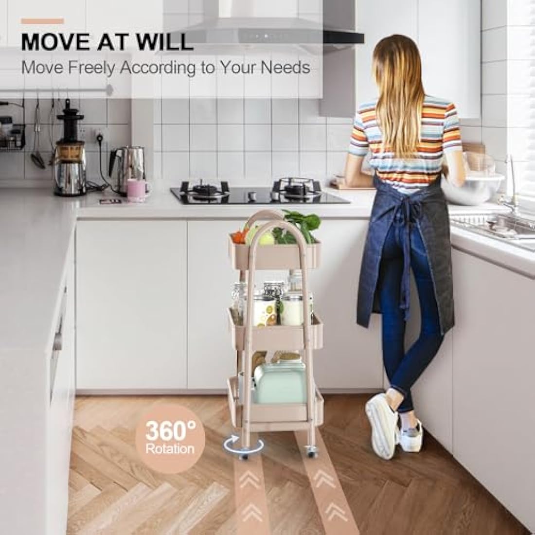 3 Tier Utility Rolling Cart, EAGMAK Metal Storage Cart with Handle and Lockable Wheels, Multifunctional Storage Organizer Trolley with Mesh Baskets for Kitchen, Living Room, Office, Garage (Beige)