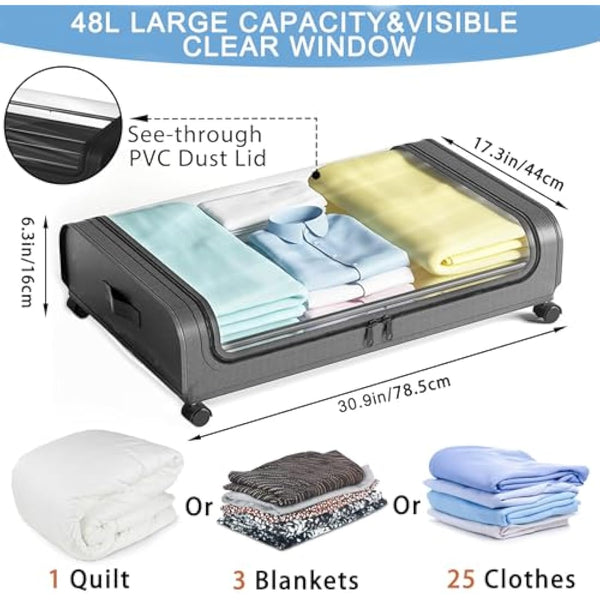 2 Pack Under Bed Storage with Wheels Lid 48L Rolling Metal Frame Underbed Containers Clear Window Storage Bag Box Organization Home Bedroom Organizer Drawer Bin for Clothes Shoes Toys Blankets Grey