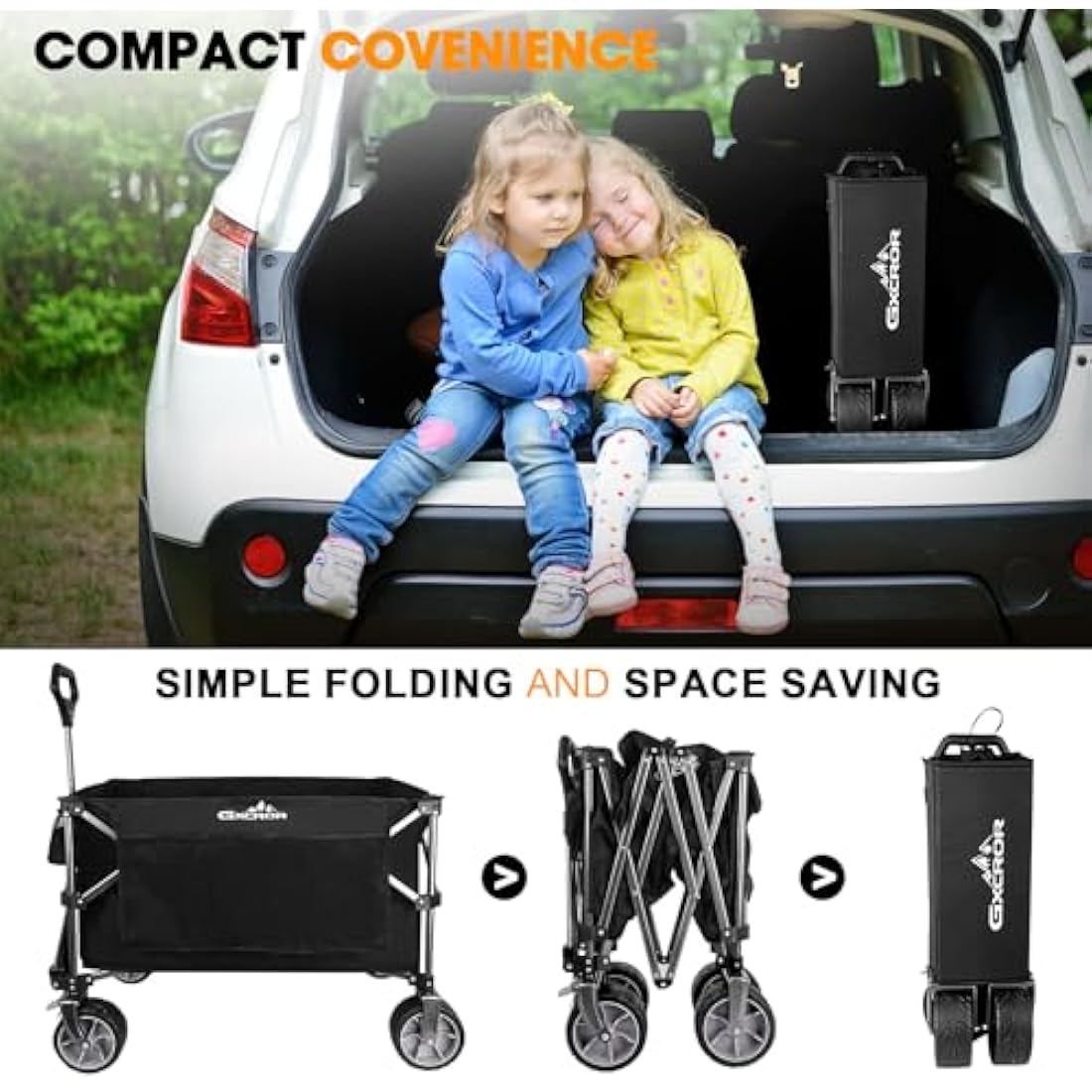 GXCROR Folding Trolley Cart 200L Collapsible Wagon 330 lbs Capacity Heavy Duty Outdoor Beach Wagon with Big Wheels for Camping Beach Garden