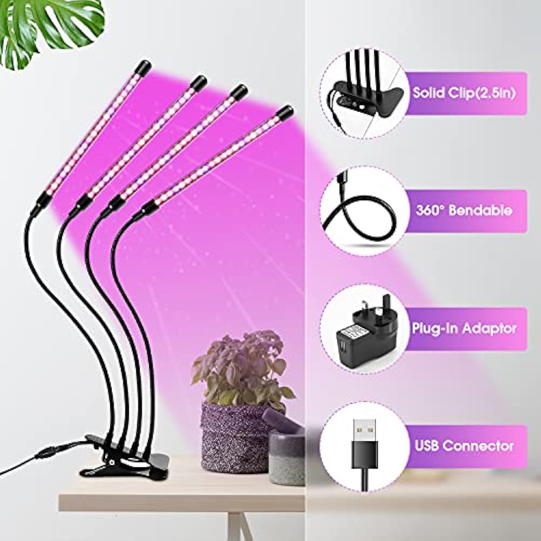wolezek Grow Lights for Indoor Plants, 80 LEDs 4 Heads Full Spectrum Red & Blue Plant Light with Clip, Grow Lamp with 10 Dimming Level, 4/8/12H Auto Timer, 3 Switch Modes for Seedlings and Succulents