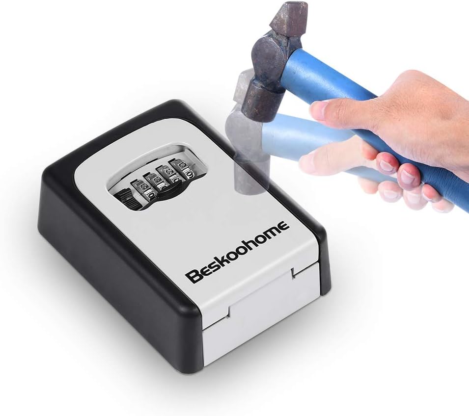 Key Safe Wall Mounted Lockbox - BeskooHome Waterproof Combination Key Lock Box, Zinc Alloy Key Storage with Slide Cover, Resettable Code, for House Spare Keys, Airbnb, Garage - Mounting Kit included