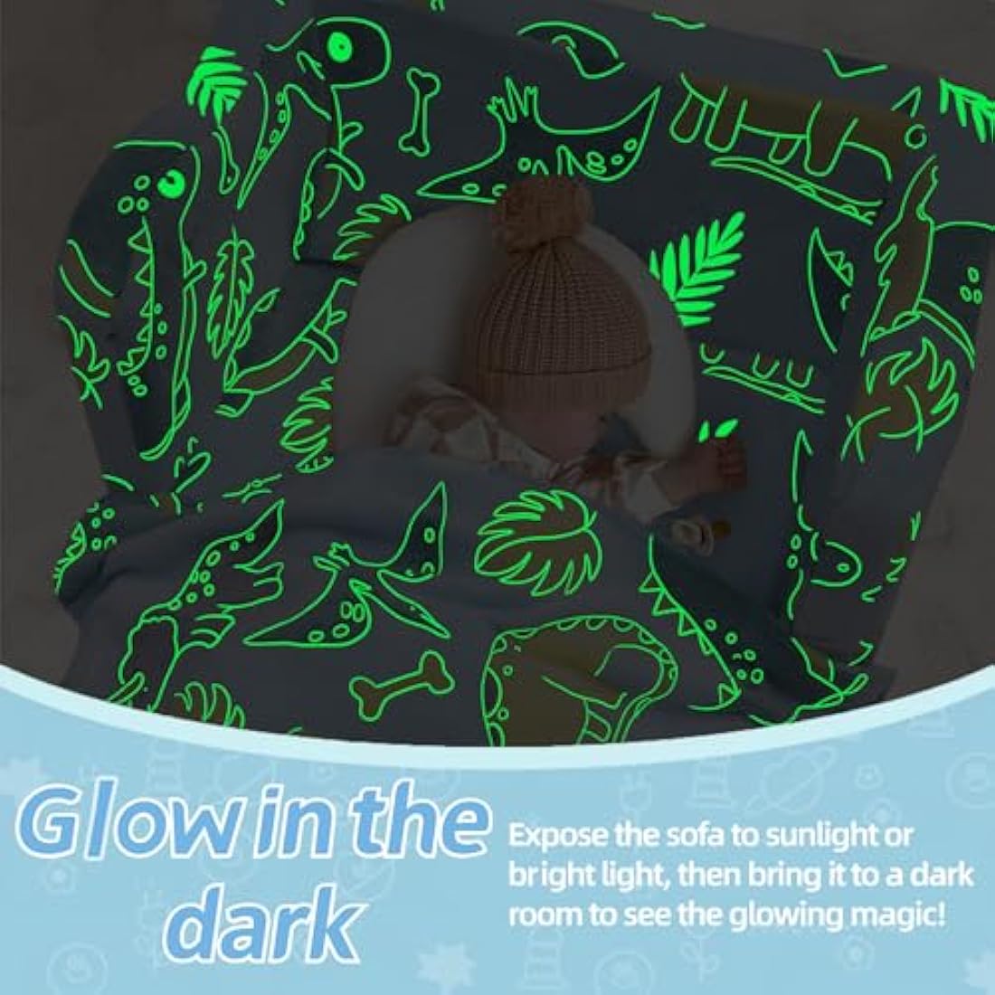 MeMoreCool Kids Couch Sofa, Folding Toddler Chair Bed, Soft Plush Fold Out Kids Armchair Sofa Glow in The Dark, Comfy Baby Recliner for Girls Boys, Glowing Dinosaur, Blue