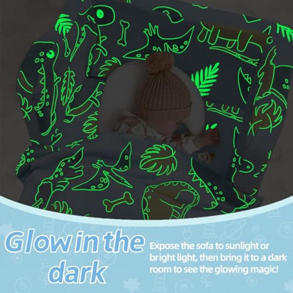 MeMoreCool Kids Couch Sofa, Folding Toddler Chair Bed, Soft Plush Fold Out Kids Armchair Sofa Glow in The Dark, Comfy Baby Recliner for Girls Boys, Glowing Dinosaur, Blue