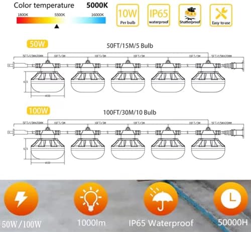 LED Work Light 100FT 100W Construction String Light 10 Integrated Lights 5000LM IP66 Waterproof LED Security Light Industrial Grade for Construction Sites Docks Fishing Boat Tunnel [Energy Class F]