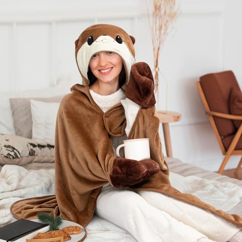 Mewaii Oversized Wearable Blanket Hoodie  Kawaii Otter Hooded Cloak, Soft Plush Flannel Blanket Hoodie, Unisex Cozy Blanket for Kids, Women,