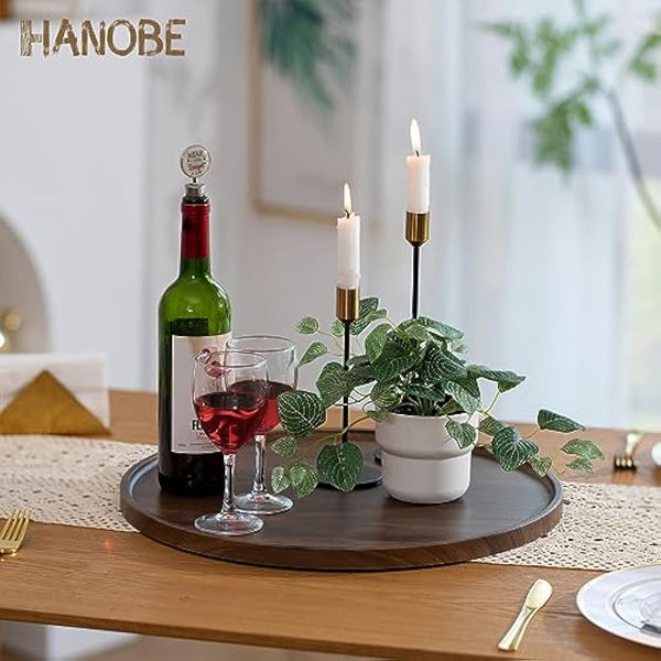 Hanobe Large Ottoman Serving Tray: Round Walnut Veneer Wooden Decorative Coffee Table Tray Rustic Circle Big Charcuterie Board Farmhouse Home Decor for Living Room 45cm