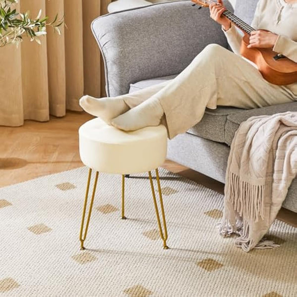 IBUYKE Faux Leather Round Footrest Stool, Makeup Vanity Stool Side Table, PU Dressing Table Seat, Pouf Couch Stool, Golden Steel Legs, White L/G-31W