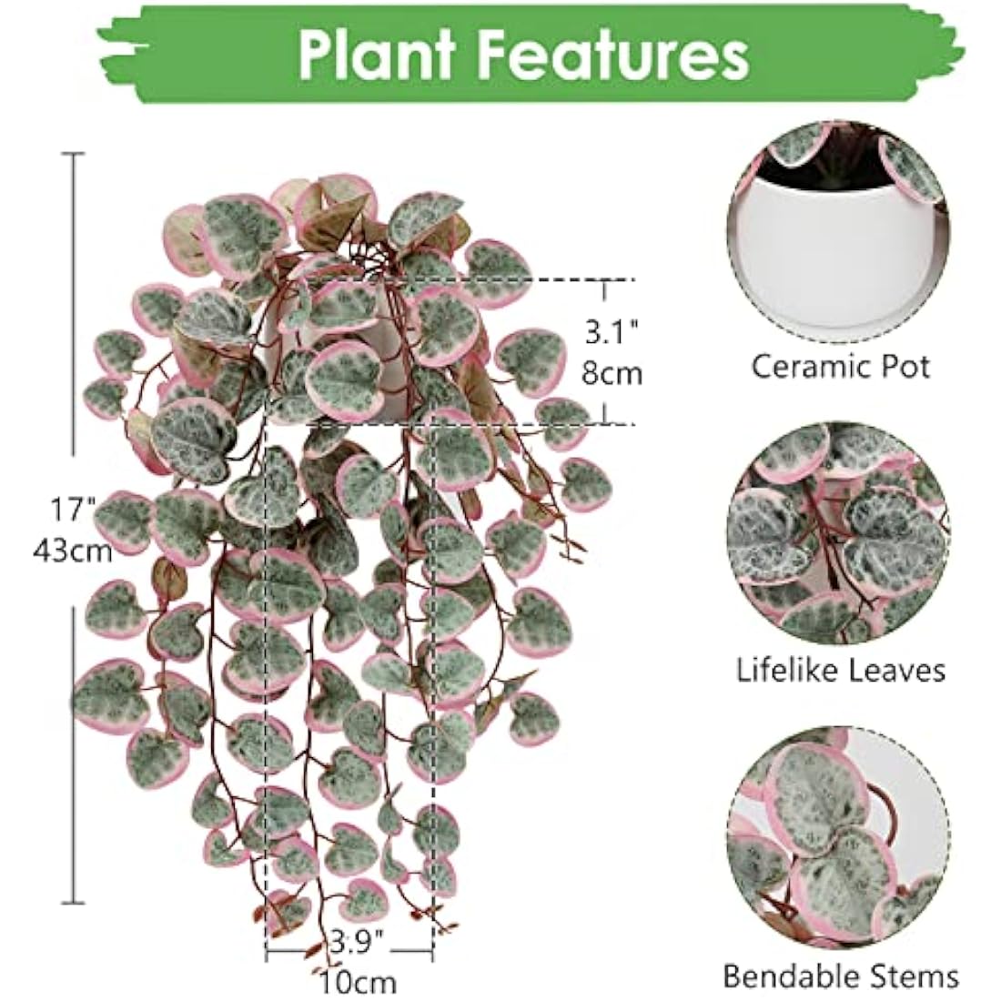 Hollyone Trailing Artificial Plants Decorative Fake Potted Plants, String of Hearts Plants Indoors Outdoors, Faux Trailing Plants for Home, Wall, Living Room, Bedroom, Office Decorations