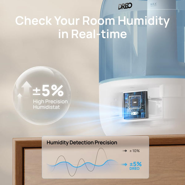 Dreo Humidifier for Bedroom with Sensor, 26dB Quiet Cool Mist Ultrasonic Humidifiers for Home, 360 Nozzle, 30H Runtime, Ambient Light Indicator,