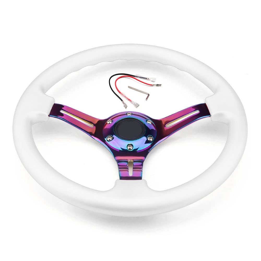 350mm Green Racing Steering Wheel Neo Chrome Spoke Universal 6 Bolts 45mm Deep Dish Classic ABS Wood Steering Wheel with Horn Button