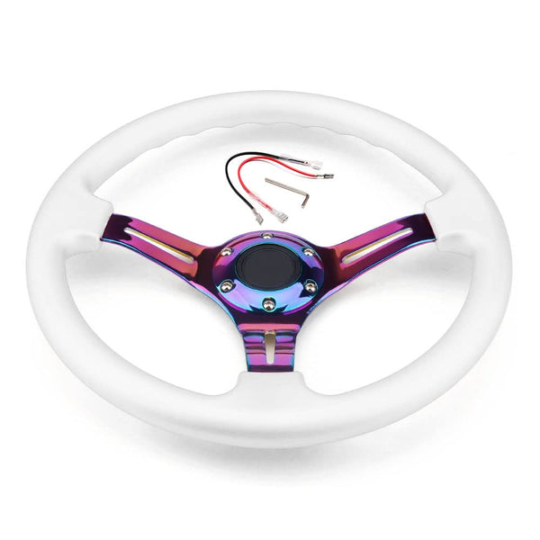 350mm Green Racing Steering Wheel Neo Chrome Spoke Universal 6 Bolts 45mm Deep Dish Classic ABS Wood Steering Wheel with Horn Button