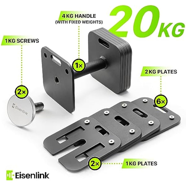 Eisenlink Adjustable Dumbbell 4-36kg Weight Set - Adjustable Dumbbell Set with Anti-slip Handle 2kg Increments Innovative Easy Safe Locking Mechanism for Home Gym Fitness