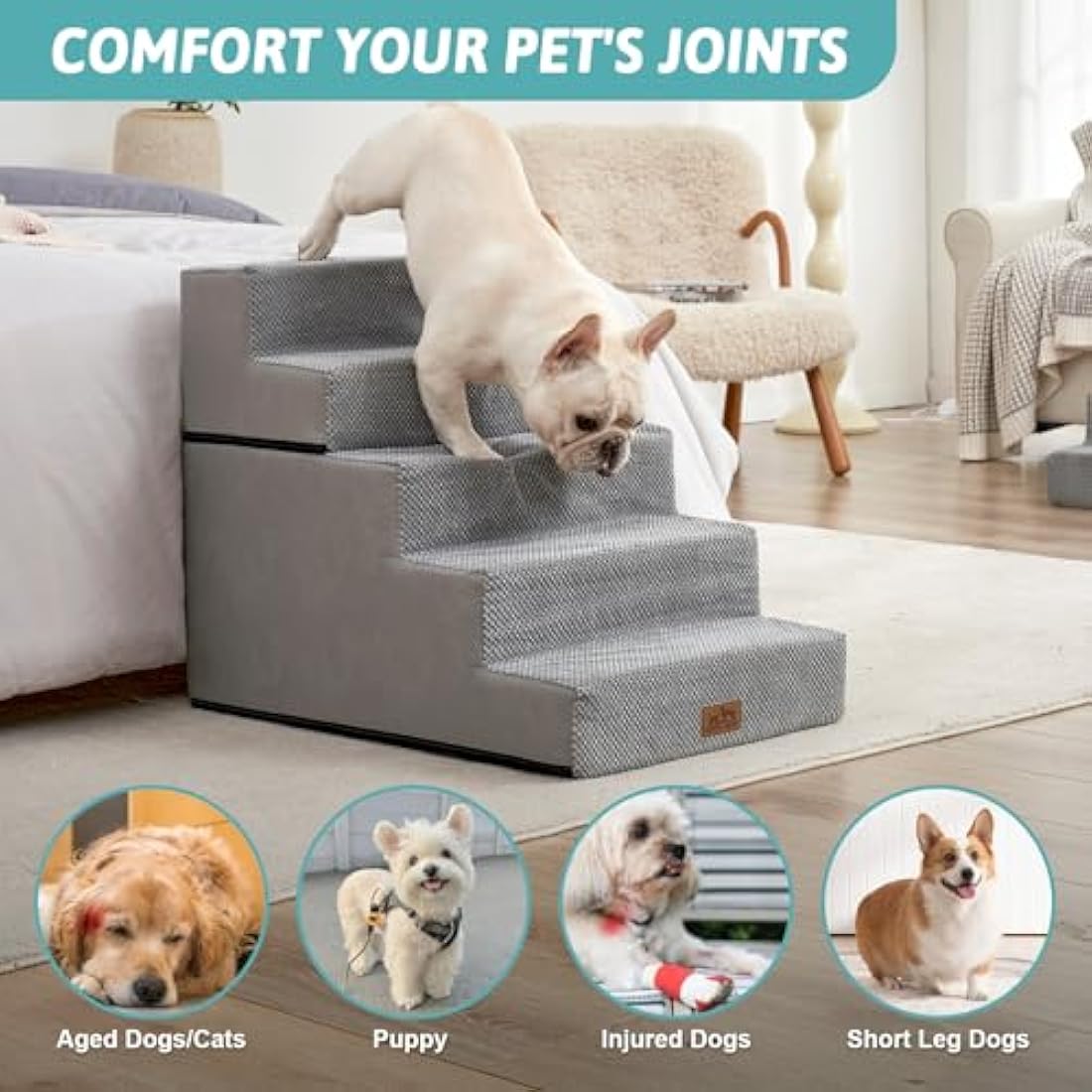 COZY KISS Wide Dog Stairs for Small Dogs, 2-in-1 Pet Steps for Couch Bed Sofa, 60cm High Non-Slip Dog Climbing Steps for Puppies and Old Cats with Support Board (Grey, 75x50x60cm, 5)