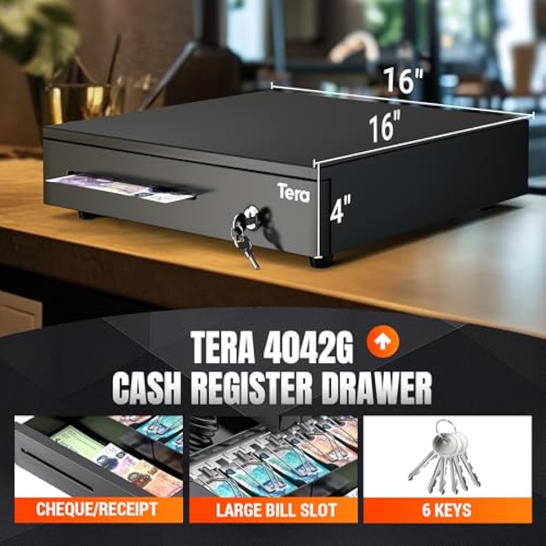 Tera 16" Cash Register Drawer Auto Open with 5 Bill 8 Coin Cash Tray 6 Keys Removable Coin Compartment Key-Lock 24V RJ12 Interface Media Slot for Point of Sale POS System Shop Business 4042G