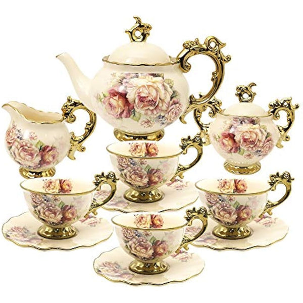 fanquare 15 Pieces British Royal Afternoon Tea Set, Floral Golden Porcelain Tea Cups and Saucers with Teapot, Elegant Wedding China Tea Service for Adults