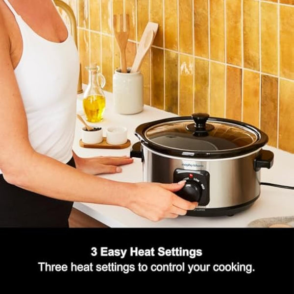 Morphy Richards 3.5L Stainless Steel Slow Cooker, 3 Heat Settings, One Pot Solution, Dishwasher Safe Ceramic Pot, 460017