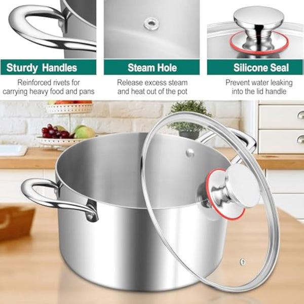 HaWare 7.7L Stock Cooking Pot, 26cm Tri-Ply Stainless Steel Soup Pot with Visible Lid, Large Induction Cooking Stockpot Suit for All Kitchen Stove Top, Healthy & Non Toxic, Easy Clean