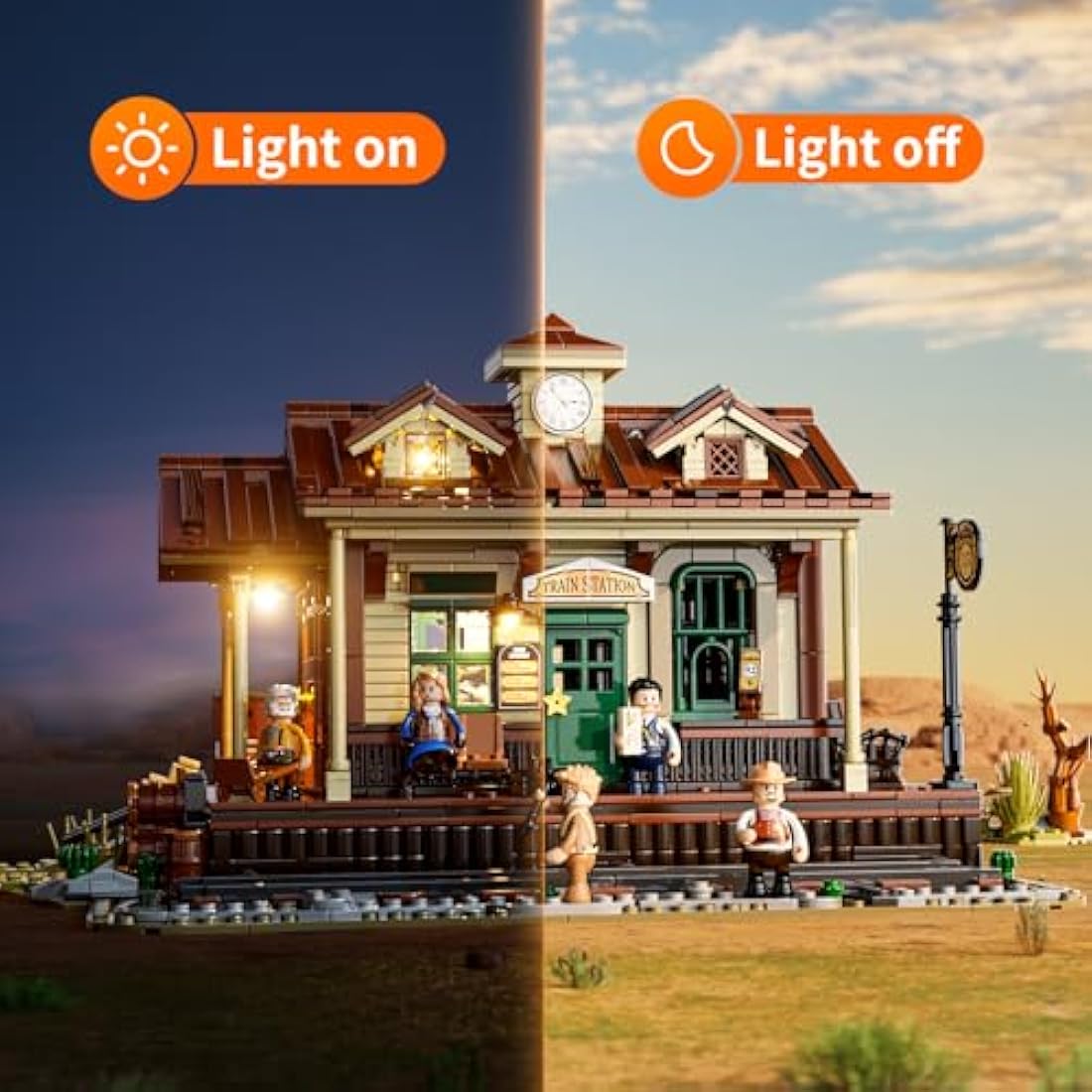 FUNWHOLE Western Train Station Building Set with LED Lights, 1974 PCS Old West Brick Model with 5 Mini Figures, Modular Railroad Station Toy for Adults and Teens, Compatible with Western Series