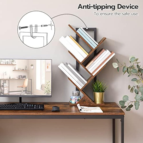 HOOBRO Tree Book Shelf 71 cm, 4-Tier Small Bookcase, Floor Free Standing Bookshelf, Desktop Bookcase, Display Book Magazine CDs Rack, Rustic Brown and Black EBF04SJ01G1