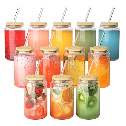 Finew [12 Packs] Drinking Glasses with Bamboo Lids and Glass Straws, 16oz Iced Coffee Cup, Can Shaped Glass Cups, Smoothie Cup, Glasses Tumbler for