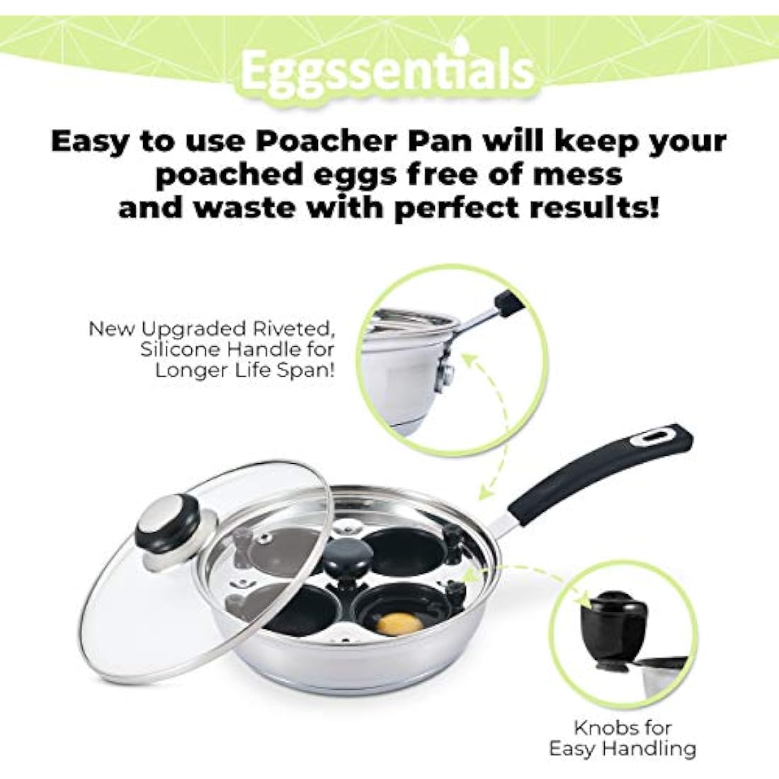 Eggssentials Poached Egg Maker - Nonstick 4 Egg Poaching Cups - Stainless Steel Egg Poacher Pan FDA Certified Food Grade Safe PFOA Free with Bonus Spatula