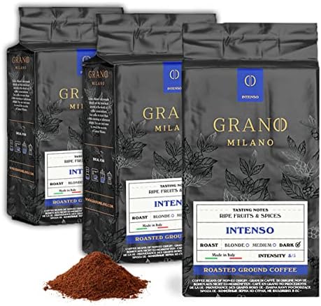 Grano Milano Ground Coffee 750g, Intenso Arabica and Robusta, Dark Roast Intensity 5/5 Extra Strong Coffee, Made in Italy
