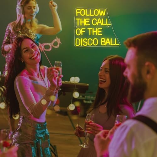 ineonlife Follow the Call of the Disco Ball Neon Sign for Wall Decor Dimmable Led Neon Lights 5V/2A USB Lemon Yellow Light Up Sign for Bedroom Party Birthday Wedding Engagement Party Bar Club