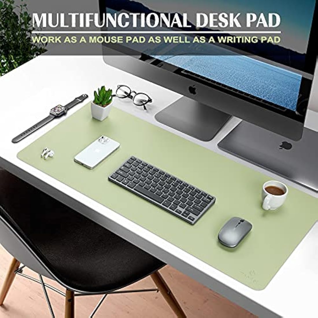 K KNODEL Large Office Leather Desk Mat, Mouse and Keyboard Pad, Computer and Laptop Mat, Desktop Protector and Cover, Writing Pad and Blotter (90x43cm, Light Green)