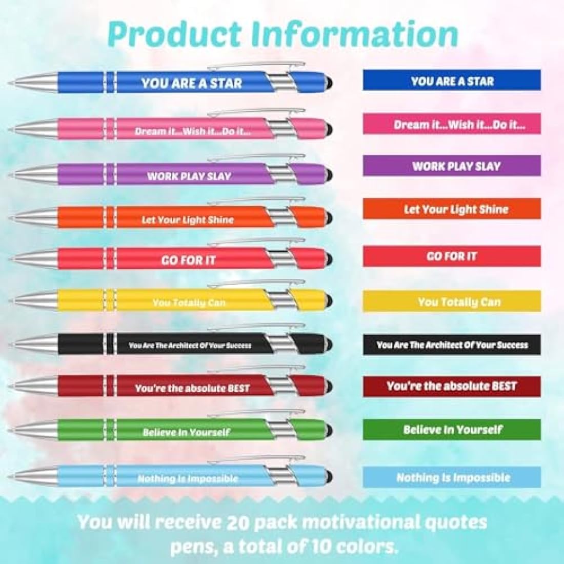 KAHEIGN 20Pcs Inspirational Ballpoint Pens, 14CM Motivational Quotes Pen Screen Touch Metal Pen Black Ink Stylus Pens for Women Men Bosses Office Desk Supplies (10 Positive Style)