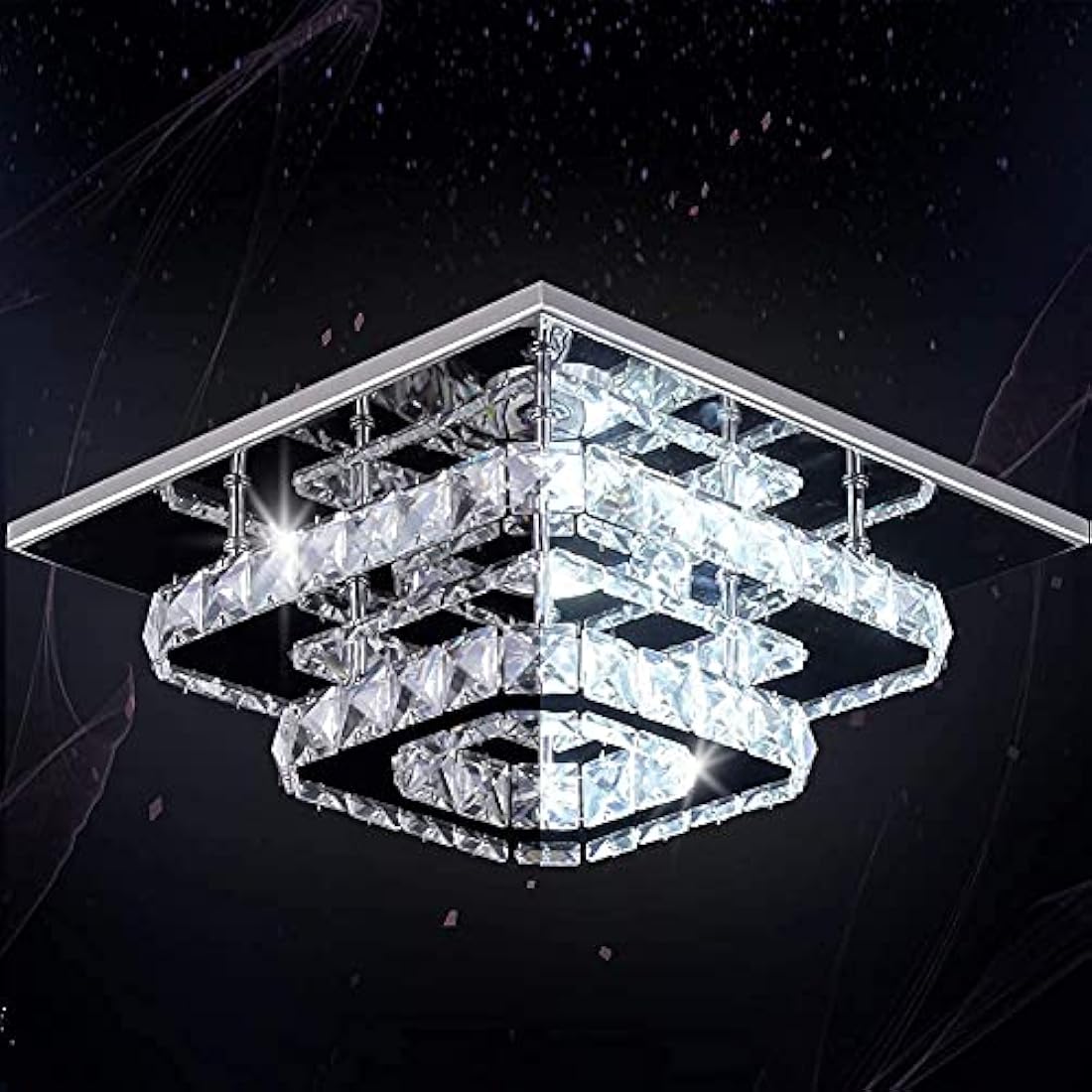 Finktonglan Crystal LED Ceiling Light, Ceiling Crystal Lamp Stainless Steel K9 Modern Flush Mount Lights Fixture Square Chandelier Ceiling Lamp for Dining Room Living Room Bedroom (Multicolor)