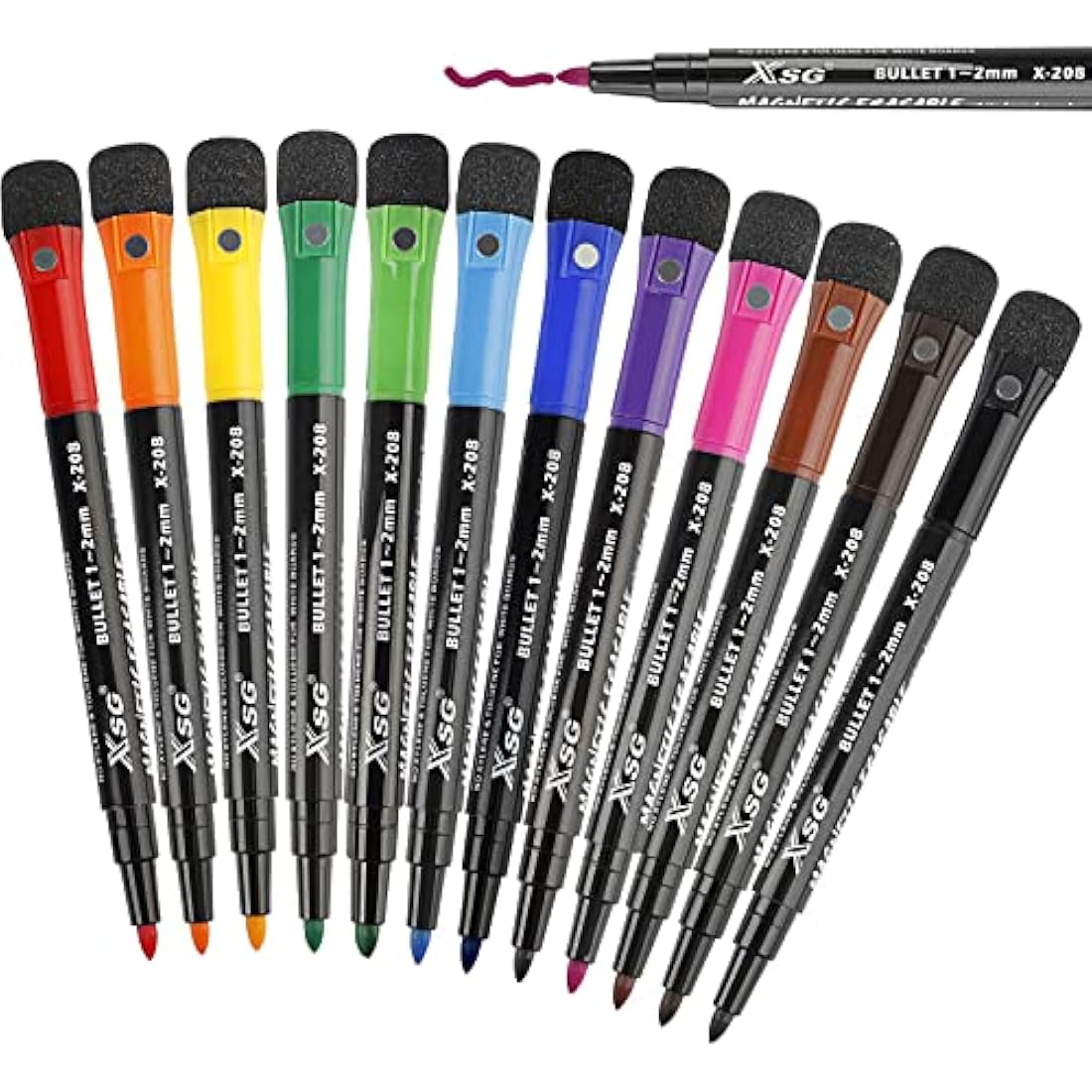 12 Magnetic Whiteboard Pens and Eraser set, 12 Colors Fine Tip Markers, Low-Odor, Non-Toxic Fine Point