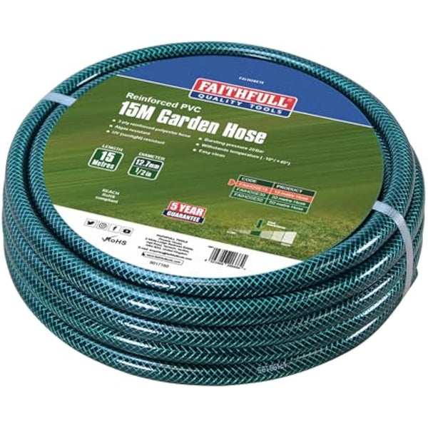 Faithfull 15M (49ft) Reinforced Hose 12.7mm (1/2 Inch) Diameter – PVC Garden Hose Pipe